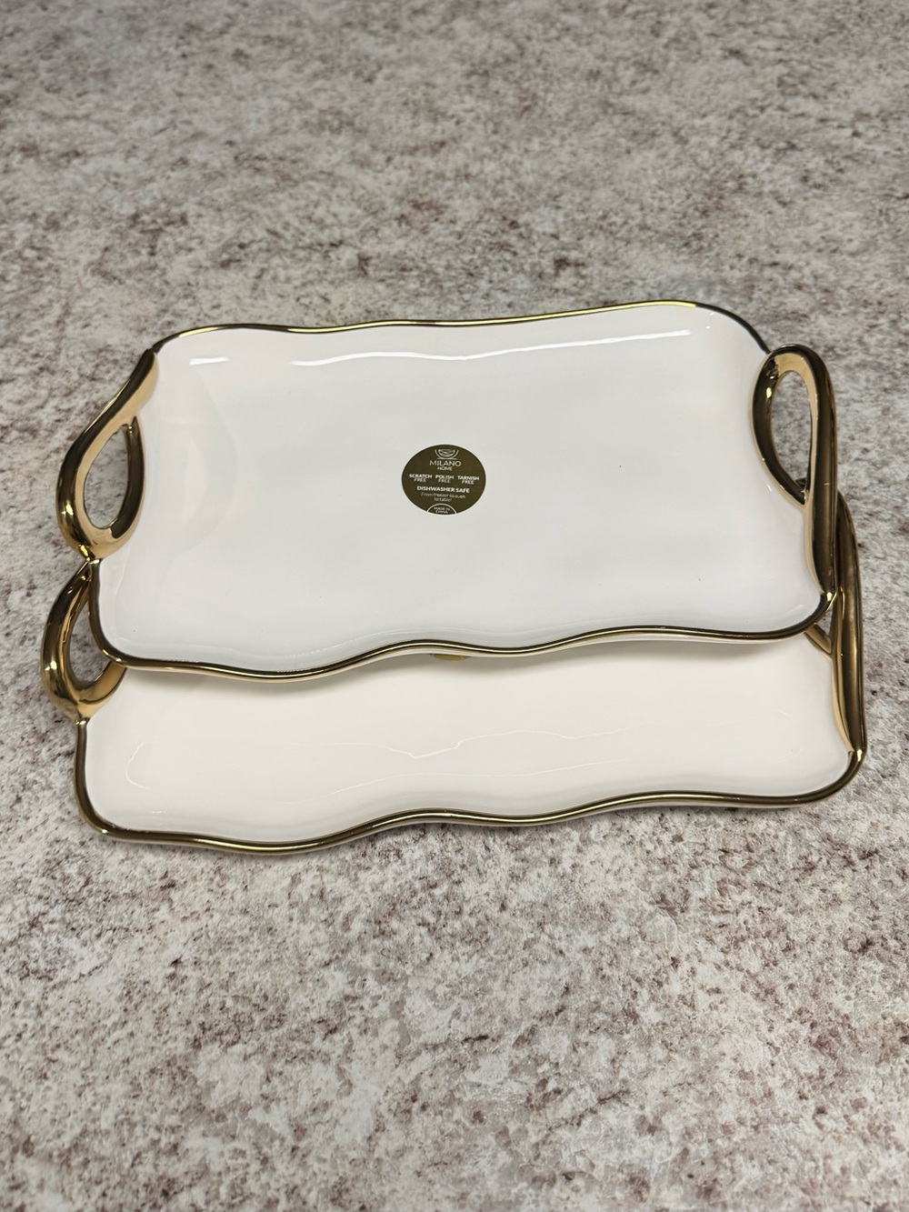 Luxury White Porcelain Serving Platters with Gold Rim and Handles - Set of 2